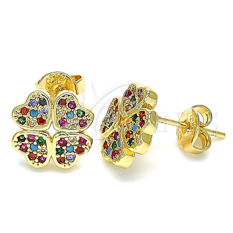 Oro Laminado Stud Earring, Gold Filled Style Four-leaf Clover Design, with Multicolor Micro Pave, Polished, Golden Finish, 02.233.0005