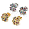 Oro Laminado Stud Earring, Gold Filled Style Four-leaf Clover Design, with Multicolor Micro Pave, Polished, Golden Finish, 02.233.0005