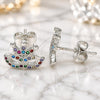 White Gold Filled Stud Earring, Crown Design, with Multicolor Micro Pave, Polished, Rhodium Finish, 02.233.0007.1