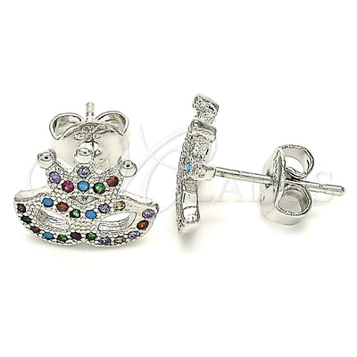 Rhodium Gold Filled Stud Earring, Crown Design, with Multicolor Micro Pave, Polished, Rhodium Finish for wholesale, main product view