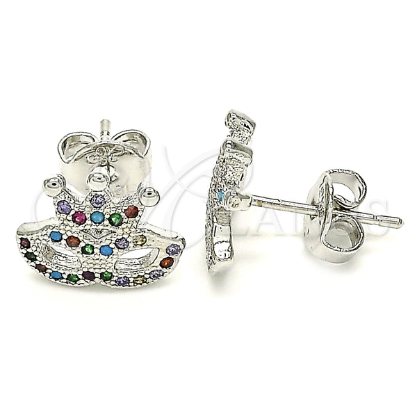 White Gold Filled Ring — Stud Earring Crown Design with Multicolor Micro Pave — main product view — SKU 130216 | Oro Laminado Blanco anillo — Stud Earring Crown diseño with Multicolor Micro Pave — SKU 130216