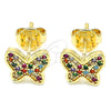 Oro Laminado Stud Earring, Gold Filled Style Butterfly Design, with Multicolor Micro Pave, Polished, Golden Finish, 02.233.0013