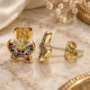 Oro Laminado Stud Earring, Gold Filled Style Butterfly Design, with Multicolor Micro Pave, Polished, Golden Finish, 02.233.0013
