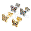 Oro Laminado Stud Earring, Gold Filled Style Butterfly Design, with Multicolor Micro Pave, Polished, Golden Finish, 02.233.0013