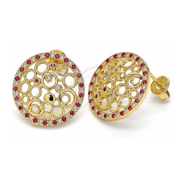 Oro Laminado Stud Earring, Gold Filled Style with Ruby and White Micro Pave, Polished, Golden Finish, 02.233.0016.2