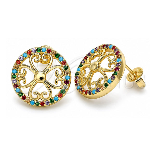Oro Laminado Stud Earring, Gold Filled Style Flower Design, with Multicolor Micro Pave, Polished, Golden Finish, 02.233.0017