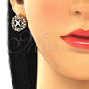 Oro Laminado Stud Earring, Gold Filled Style Flower Design, with Black and White Micro Pave, Polished, Golden Finish, 02.233.0017.1