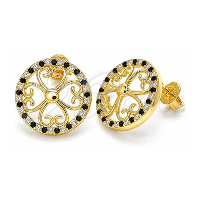 Oro Laminado Stud Earring, Gold Filled Style Flower Design, with Black and White Micro Pave, Polished, Golden Finish, 02.233.0017.1