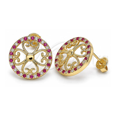 Oro Laminado Stud Earring, Gold Filled Style Flower Design, with Ruby and White Micro Pave, Polished, Golden Finish, 02.233.0017.2
