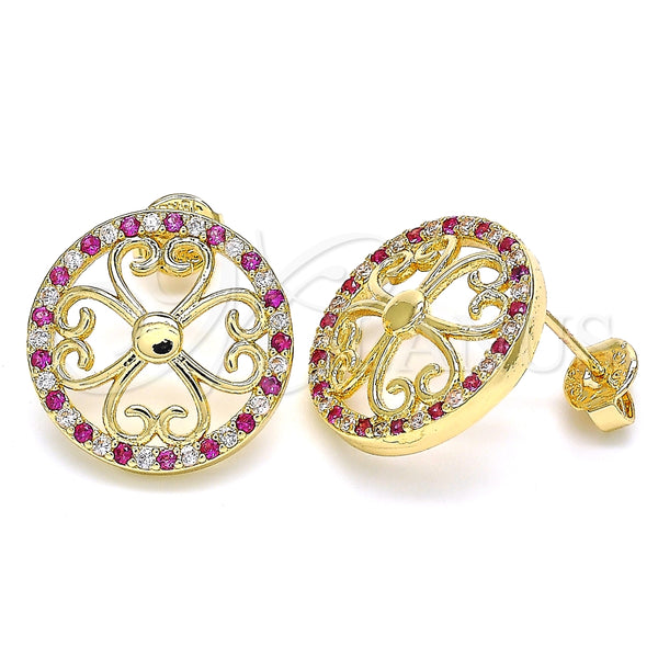 Oro Laminado Stud Earring, Gold Filled Style Flower Design, with Ruby and White Micro Pave, Polished, Golden Finish, 02.233.0017.2