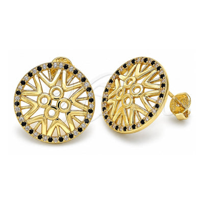 Oro Laminado Stud Earring, Gold Filled Style with Black and White Micro Pave, Polished, Golden Finish, 02.233.0018.1