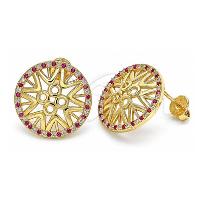 Oro Laminado Stud Earring, Gold Filled Style with Ruby and White Micro Pave, Polished, Golden Finish, 02.233.0018.2