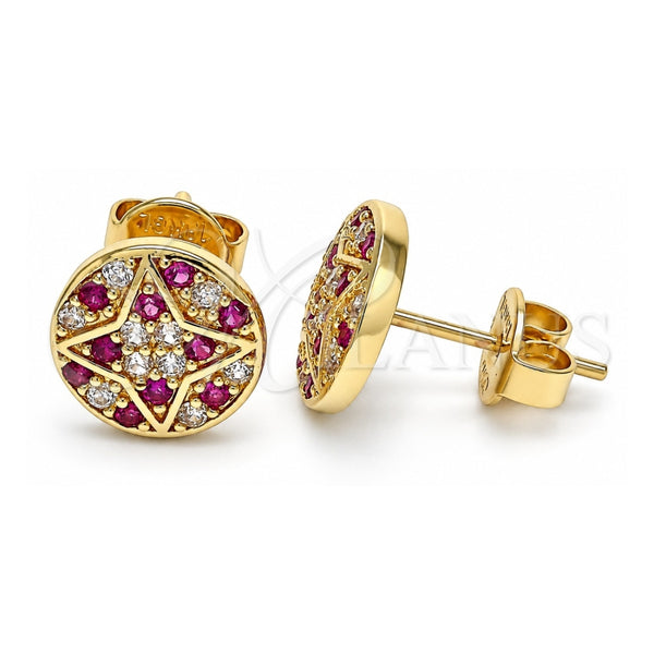 Oro Laminado Stud Earring, Gold Filled Style with Ruby and White Micro Pave, Polished, Golden Finish, 02.233.0019.2