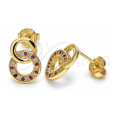 Oro Laminado Stud Earring, Gold Filled Style with Ruby and White Micro Pave, Polished, Golden Finish, 02.233.0020.2