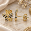 Oro Laminado Stud Earring, Gold Filled Style Butterfly Design, with Black and White Micro Pave, Polished, Golden Finish, 02.233.0022.1