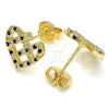 Oro Laminado Stud Earring, Gold Filled Style Heart Design, with Black and White Micro Pave, Polished, Golden Finish, 02.233.0023.1
