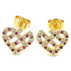 Oro Laminado Stud Earring, Gold Filled Style Heart Design, with Ruby and White Micro Pave, Polished, Golden Finish, 02.233.0023.2
