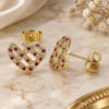 Oro Laminado Stud Earring, Gold Filled Style Heart Design, with Ruby and White Micro Pave, Polished, Golden Finish, 02.233.0023.2