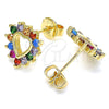 Oro Laminado Stud Earring, Gold Filled Style Heart Design, with Multicolor Cubic Zirconia, Polished, Golden Finish, 02.233.0024