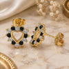 Oro Laminado Stud Earring, Gold Filled Style Heart Design, with Black and White Micro Pave, Polished, Golden Finish, 02.233.0024.1