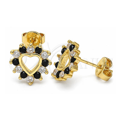 Oro Laminado Stud Earring, Gold Filled Style Heart Design, with Black and White Micro Pave, Polished, Golden Finish, 02.233.0024.1