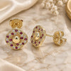 Oro Laminado Stud Earring, Gold Filled Style with Ruby and White Micro Pave, Polished, Golden Finish, 02.233.0025.2