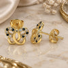Oro Laminado Stud Earring, Gold Filled Style Butterfly Design, with Black and White Micro Pave, Polished, Golden Finish, 02.233.0026.1