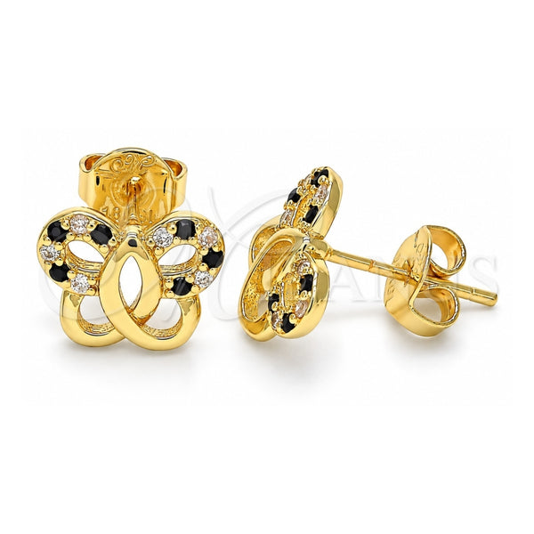 Oro Laminado Stud Earring, Gold Filled Style Butterfly Design, with Black and White Micro Pave, Polished, Golden Finish, 02.233.0026.1