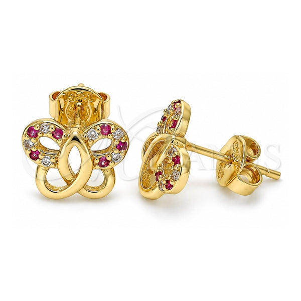 Oro Laminado Stud Earring, Gold Filled Style Butterfly Design, with Ruby and White Micro Pave, Polished, Golden Finish, 02.233.0026.2