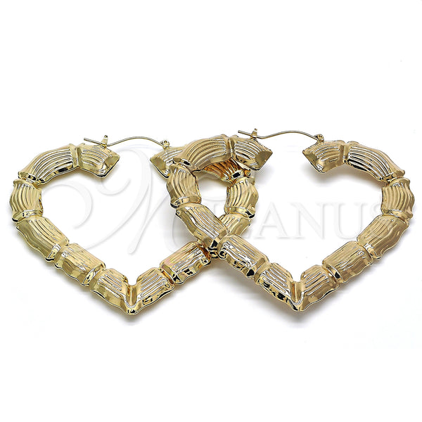 Gold Filled Hoop Earrings — Extra Large Hoop Heart and Bamboo Design Polished — main product view — SKU 130330 | Oro Laminado aretes de aro — Extra Large Hoop corazón and Bamboo diseño pulido — SKU 130330