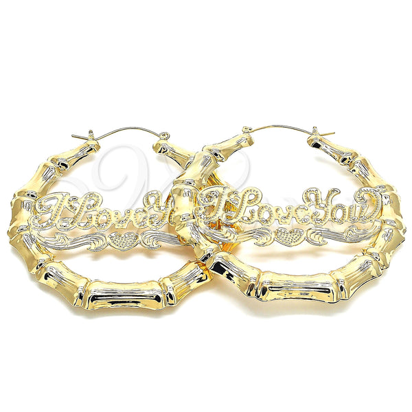 Gold Filled Hoop Earrings — Extra Large Hoop Nameplate and Bamboo Design Polished — main product view — SKU 130336 | Oro Laminado aretes de aro — Extra Large Hoop Nameplate and Bamboo diseño pulido — SKU 130336