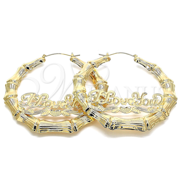 Gold Filled Hoop Earrings — Extra Large Hoop Nameplate and Bamboo Design Polished — main product view — SKU 130337 | Oro Laminado aretes de aro — Extra Large Hoop Nameplate and Bamboo diseño pulido — SKU 130337