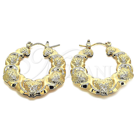 Oro Laminado Medium Hoop, Gold Filled Style Hugs and Kisses and Bamboo Design, Polished, Golden Finish, 02.60.0154.30