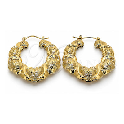 Oro Laminado Medium Hoop, Gold Filled Style Hugs and Kisses and Bamboo Design, Polished, Golden Finish, 02.60.0154.45