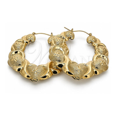 Oro Laminado Extra Large Hoop, Gold Filled Style Hugs and Kisses and Bamboo Design, Polished, Golden Finish, 02.60.0154.65