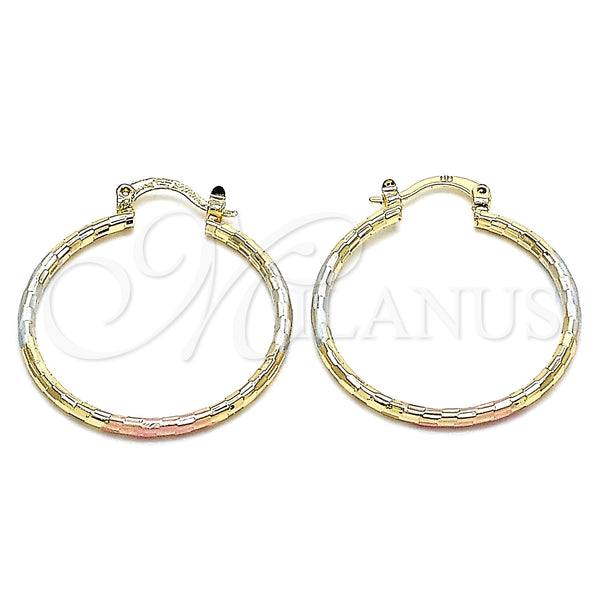 Gold Filled Hoop Earrings — Medium Hoop Diamond Cutting Tricolor 02. — main product view — SKU 130347 | Oro Laminado aretes de aro — Medium Hoop Diamond Cutting Tricolor 02. — SKU 130347