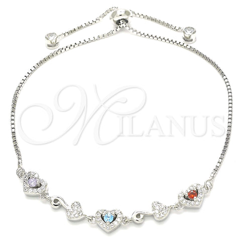 Sterling Silver Fancy Bracelet, Heart Design, with Multicolor Cubic Zirconia and White Micro Pave, Polished, Rhodium Finish, 03.175.0001.11 (01 MM Thickness, 11 Inches Length)