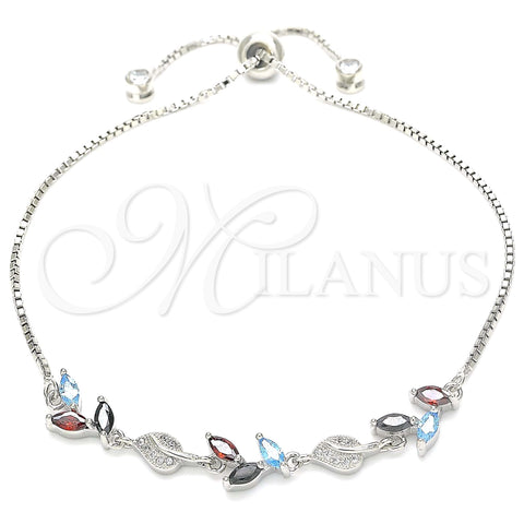 Sterling Silver Fancy Bracelet, Leaf Design, with Multicolor Cubic Zirconia and White Micro Pave, Polished, Rhodium Finish, 03.175.0005.11 (01 MM Thickness, 11 Inches Length)