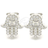Sterling Silver Stud Earring, Judaica and Hand of God Design, with White Cubic Zirconia, Polished, Rhodium Finish, 02.336.0118
