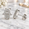 Sterling Silver Stud Earring, Judaica and Hand of God Design, with White Cubic Zirconia, Polished, Rhodium Finish, 02.336.0118