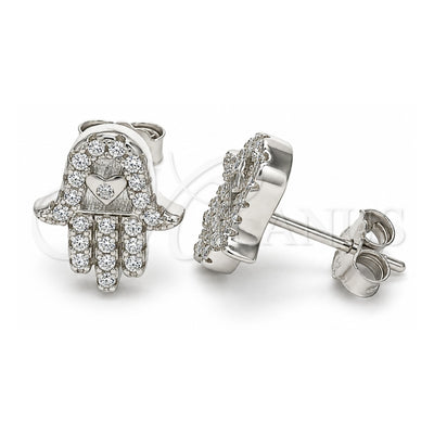 Sterling Silver Stud Earring, Judaica and Hand of God Design, with White Cubic Zirconia, Polished, Rhodium Finish, 02.336.0118