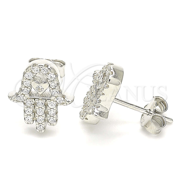 Sterling Silver Stud Earring, Judaica and Hand of God Design, with White Cubic Zirconia, Polished, Rhodium Finish, 02.336.0118