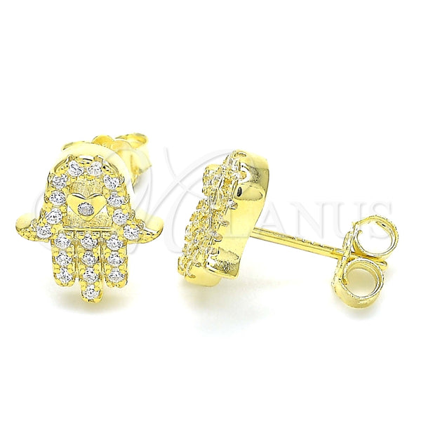 Sterling Silver Stud Earring, Hand of God and Judaica Design, with White Cubic Zirconia, Polished, Golden Finish, 02.336.0118.2