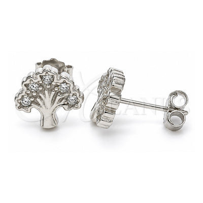 Sterling Silver Stud Earring, Tree Design, with White Cubic Zirconia, Polished, Rhodium Finish, 02.336.0122