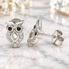 Sterling Silver Stud Earring, Owl Design, with Black and White Cubic Zirconia, Polished, Rhodium Finish, 02.336.0124