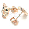 Sterling Silver Stud Earring, Owl Design, with Black and White Cubic Zirconia, Polished, Rose Gold Finish, 02.336.0124.1