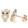 Sterling Silver Stud Earring, Owl Design, with Black and White Cubic Zirconia, Polished, Rose Gold Finish, 02.336.0124.1