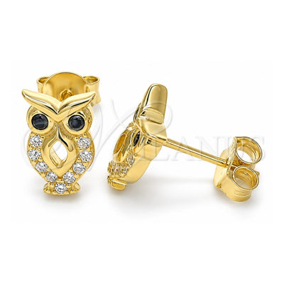 Sterling Silver Stud Earring, Owl Design, with Black and White Cubic Zirconia, Polished, Golden Finish, 02.336.0124.2