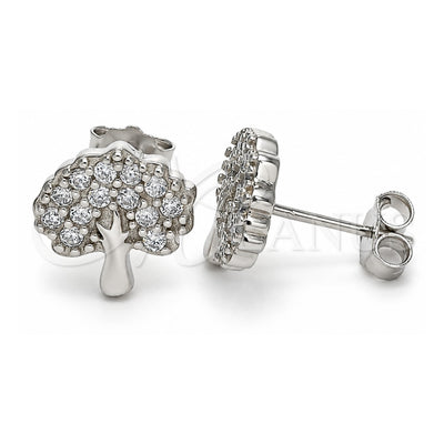 Sterling Silver Stud Earring, Tree Design, with White Cubic Zirconia, Polished, Rhodium Finish, 02.336.0128