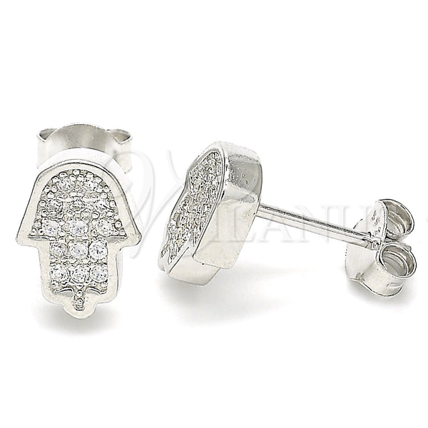 Sterling Silver Stud Earring, Hand of God Design, with White Micro Pave, Polished, Rhodium Finish, 02.336.0132